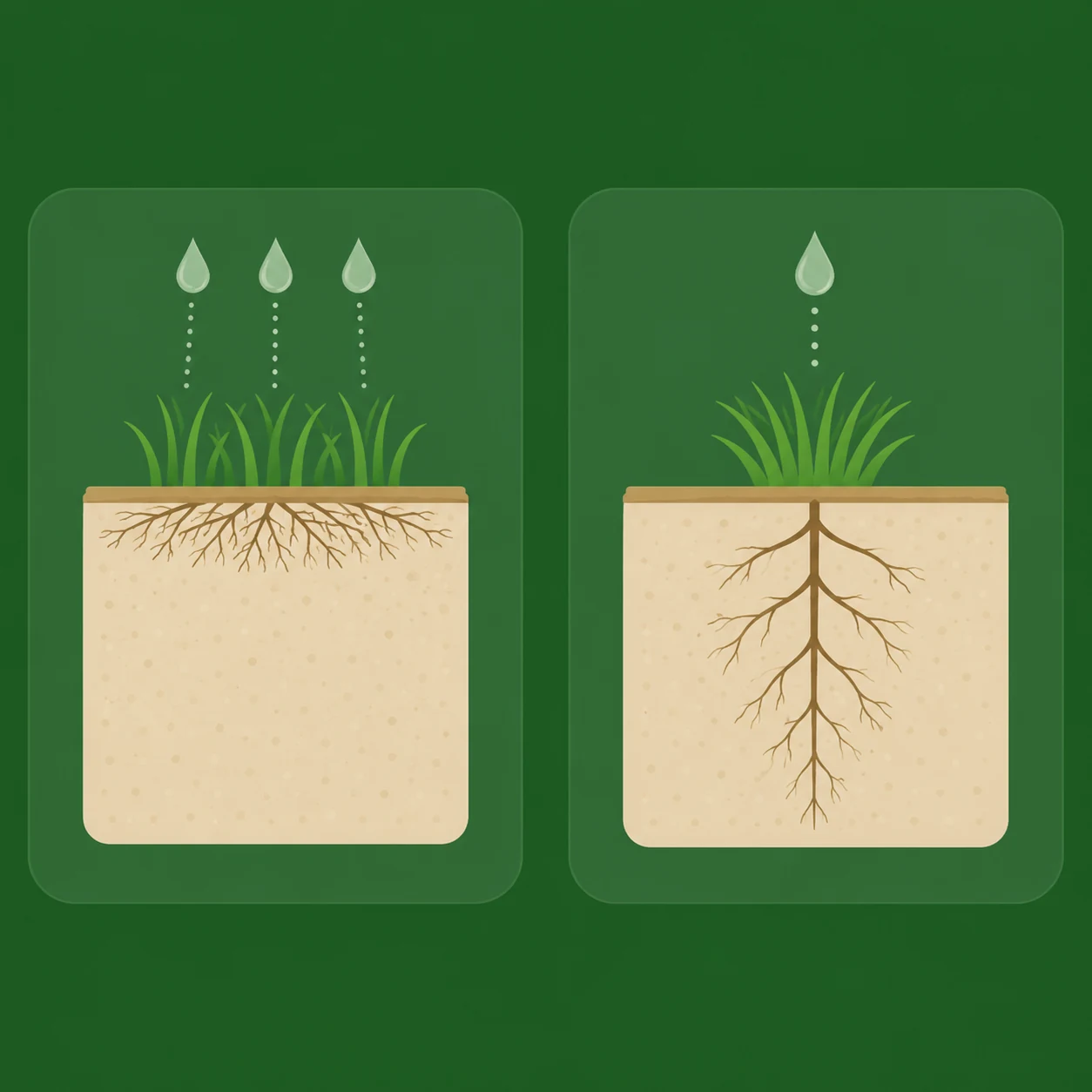 Two soil cross-sections. Left: frequent light watering — three drops — grows shallow, spreading roots. Right: occasional deep watering — one drop — grows deep roots.